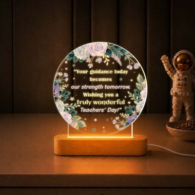 Teachers Day LED Night Lamp, Inspirational Teacher Appreciation Gift, Floral Acrylic Plaque with Wooden Base, Warm Light Desk Decor for Teacher, Classroom, School & Home